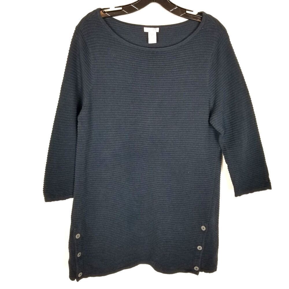 J.Jill Women Cotton Linen Ribbed Pullover sweater size‎ M Navy Crew Neck